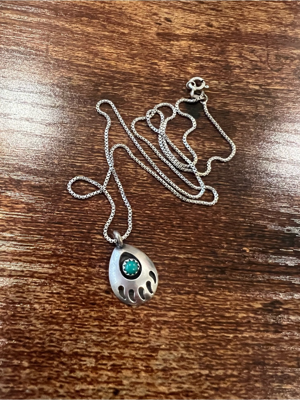 Sterling Silver Teardrop Bear Claw Pendant Necklace with Turquoise Accent